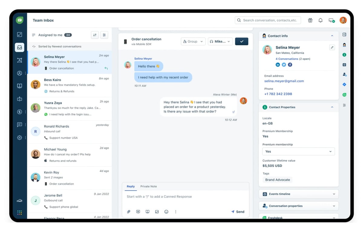 Screenshot of Freshchat's Team Inbox showing a customer conversation alongside contact details and properties