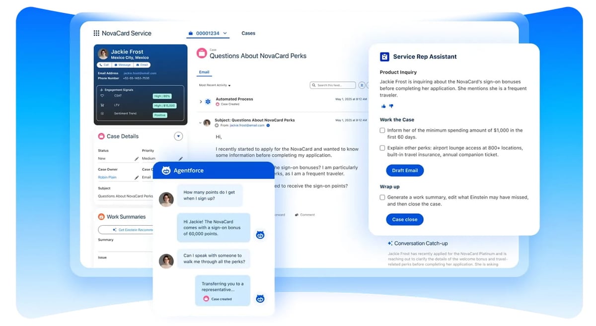 Screenshot of Salesforce Agentforce Service showing a customer case, an AI chat agent conversation, and a service rep assistant panel