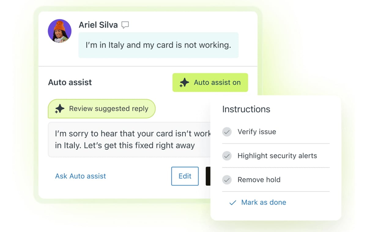 Screenshot of Zendesk's AI Auto assist suggesting a reply and an instructions checklist for a customer conversation