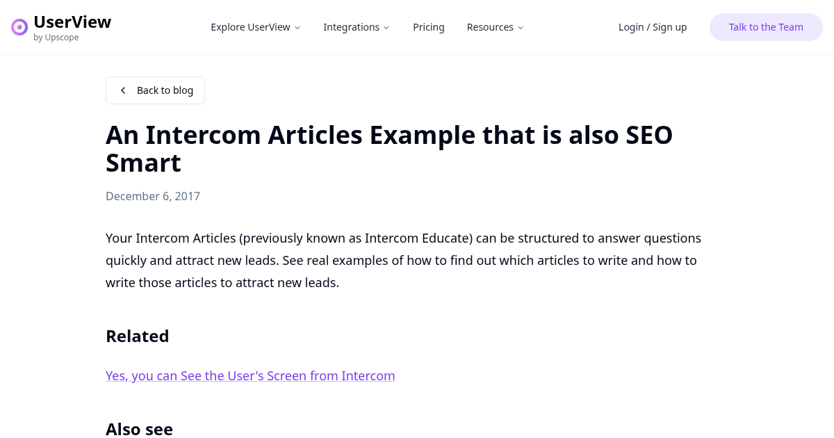 An Intercom Articles Example that is also SEO Smart | UserView Blog