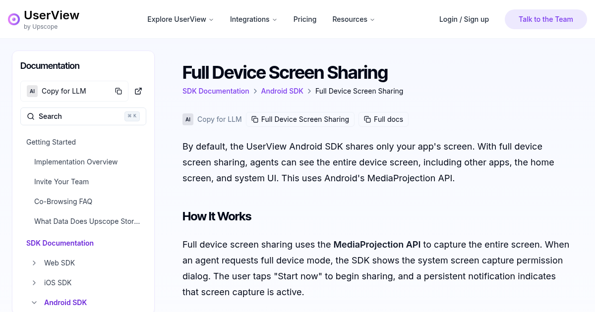 Full Device Screen Sharing | UserView Documentation