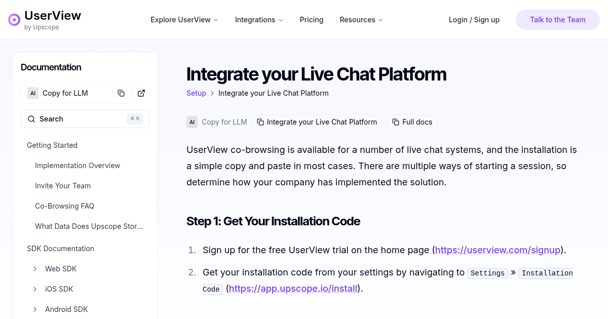 Integrate your Live Chat Platform | UserView Documentation