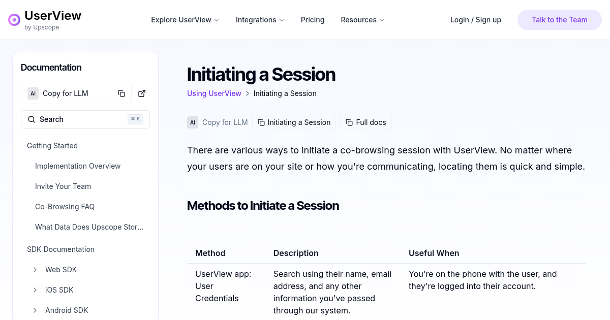 Initiating a Session | UserView Documentation
