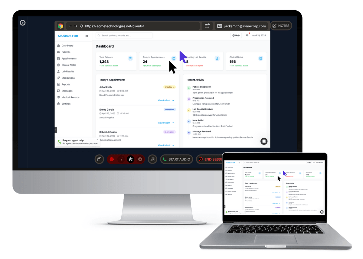 Cobrowsing demo showing agent helping customer with healthcare dashboard