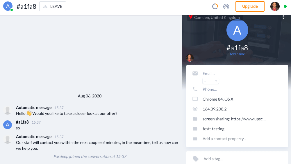UserView Tidio integration showing screen sharing capabilities