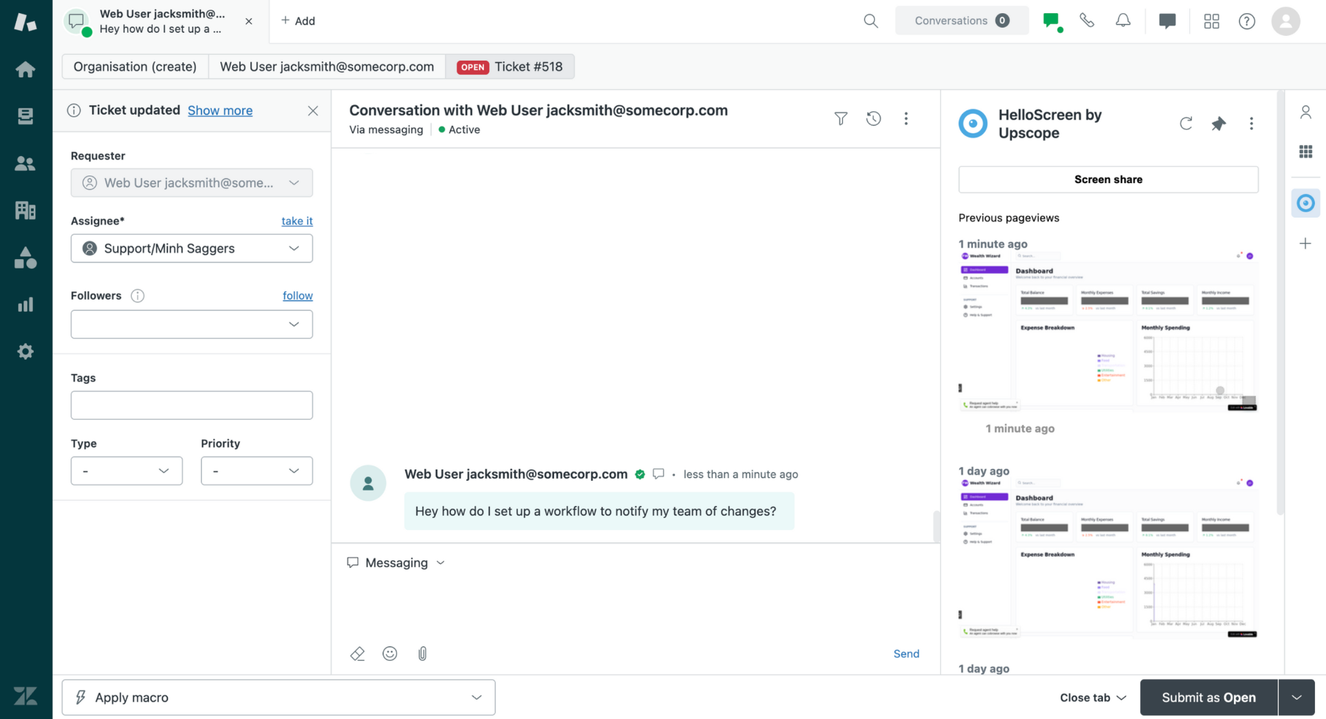 UserView Zendesk integration showing HelloScreen widget with screen sharing capabilities